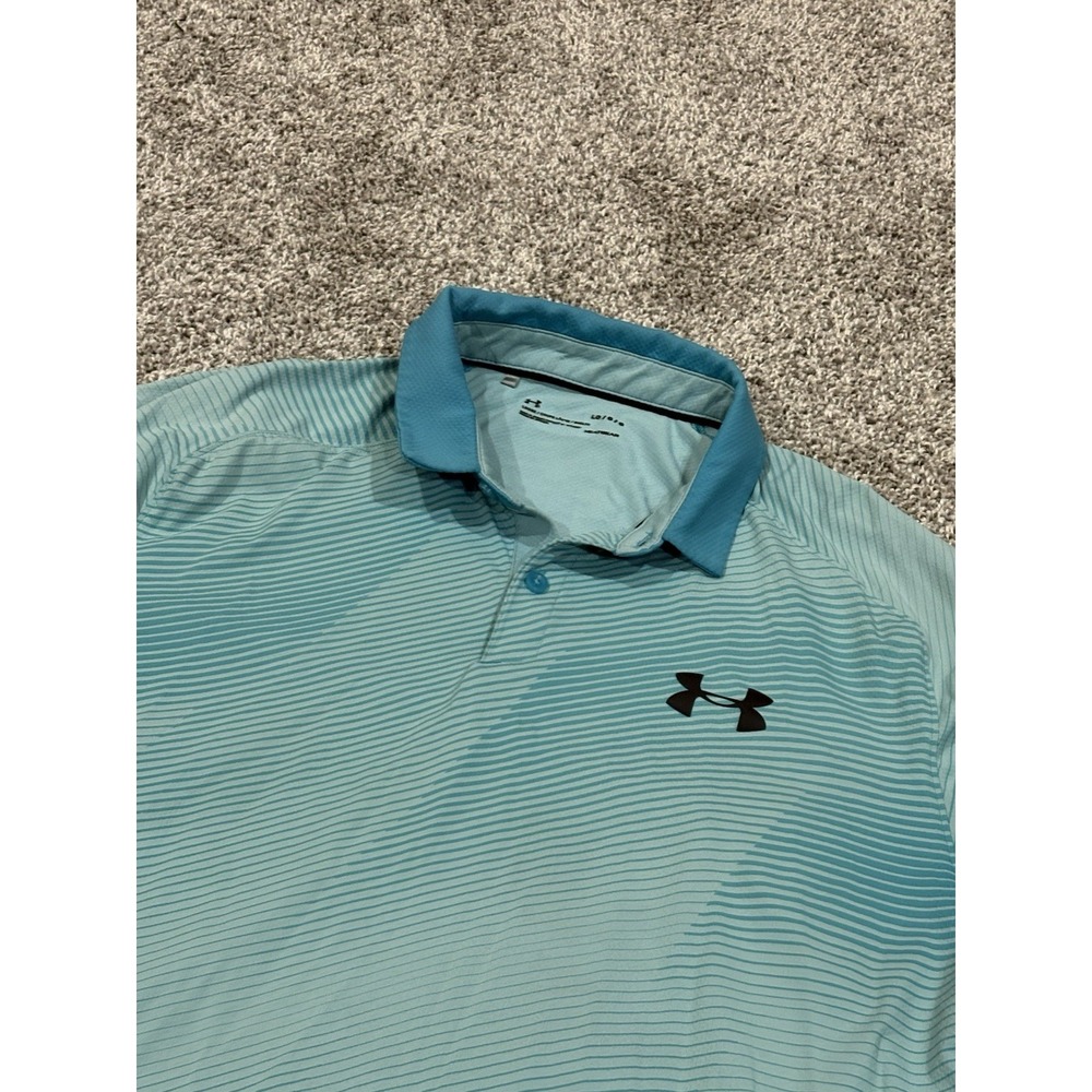Under Armour HeatGear Mens Large Teal Blue Striped Golf Polo Shirt Loose Fit‎